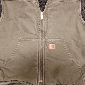 Vtg Carhartt Olive Green Sherpa-Lined Zip Vest